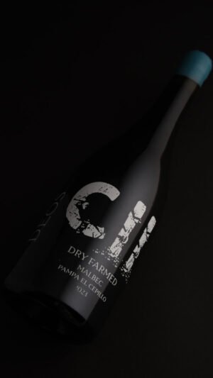 Botella del vino DEOS Dry Farmed Malbec 2023 de Pampa El Cepillo.